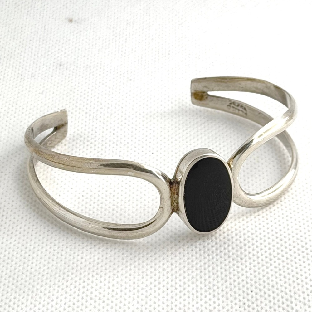 Vintage Taxco Mexico Onyx Silver Cuff